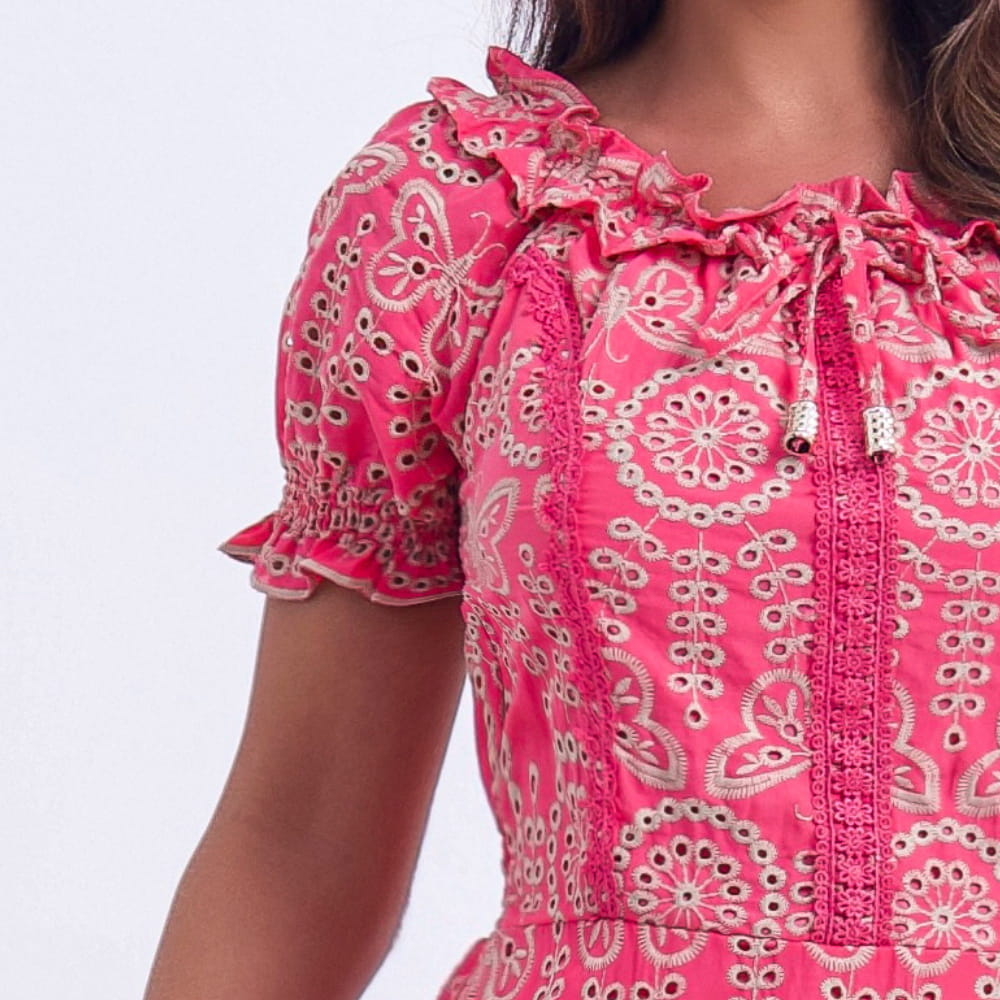 Vestido Feminino Midi Bordado Rosa Gisele - FL07