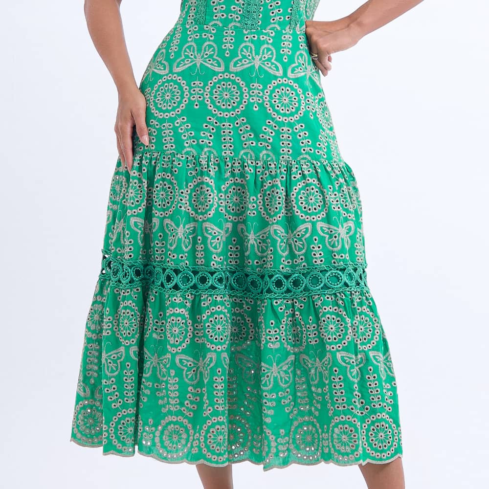 Vestido Feminino Midi Bordado Verde Gisele- FL05