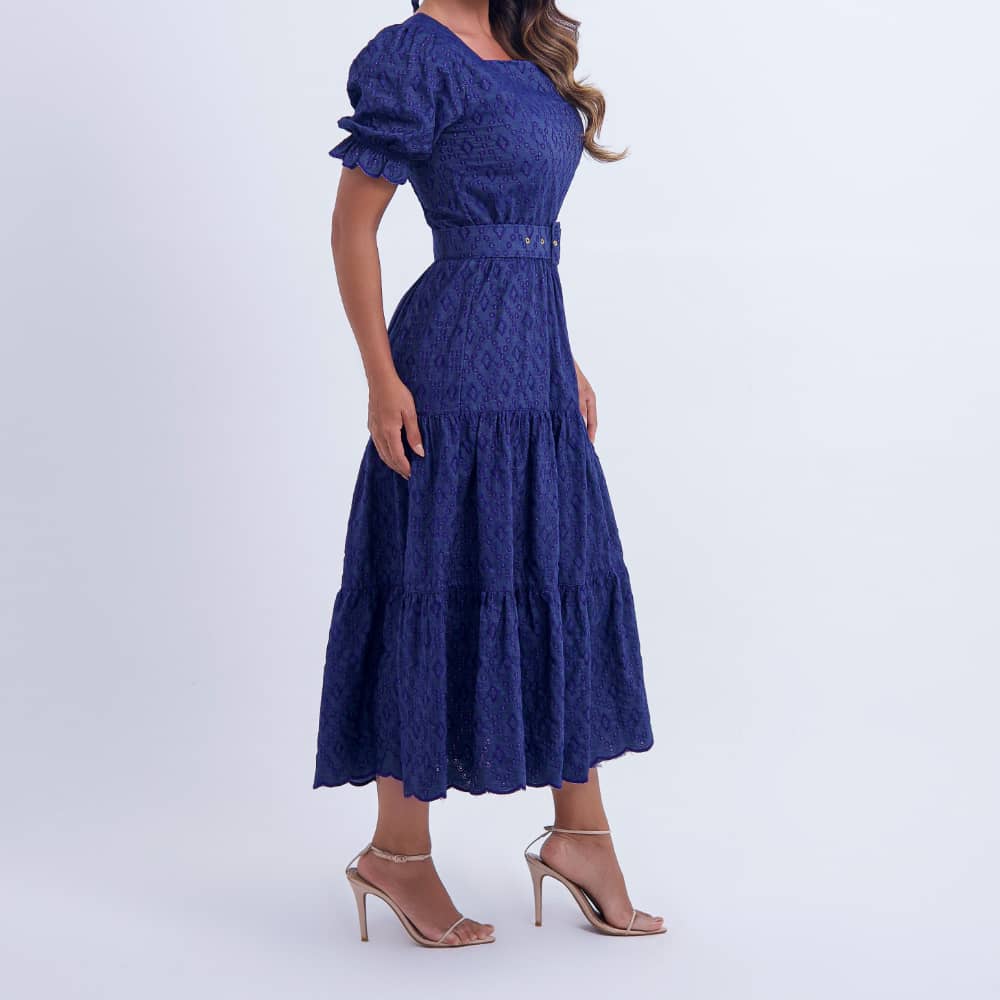 Vestido Feminino Midi Bordado Azul-Marinho Helen - FL08