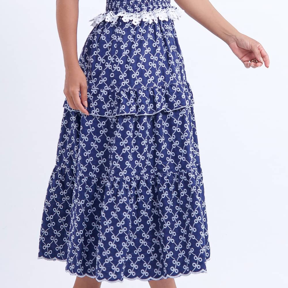 Vestido Feminino Barra Ondulada Azul-Marinho Bordado Natália - FL15