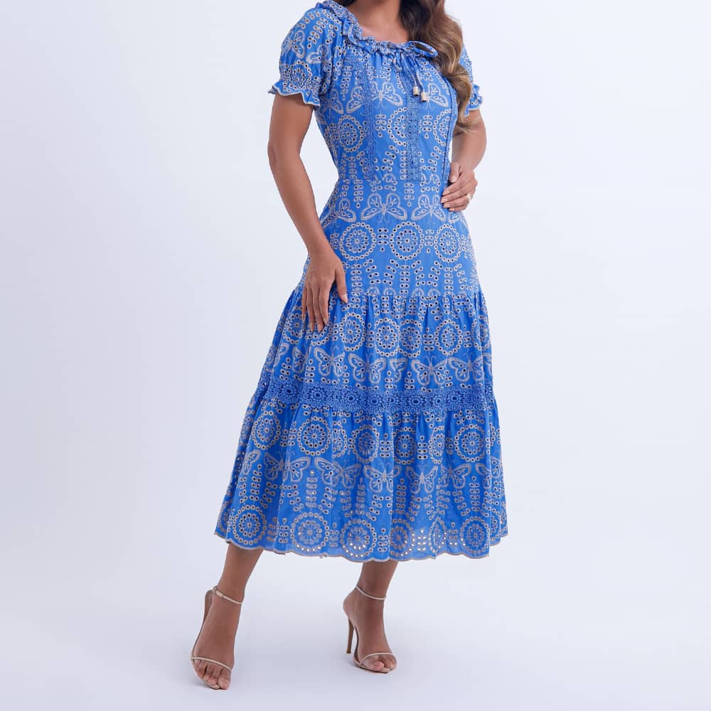 Vestido Feminino Midi Bordado Azul Gisele - FL06
