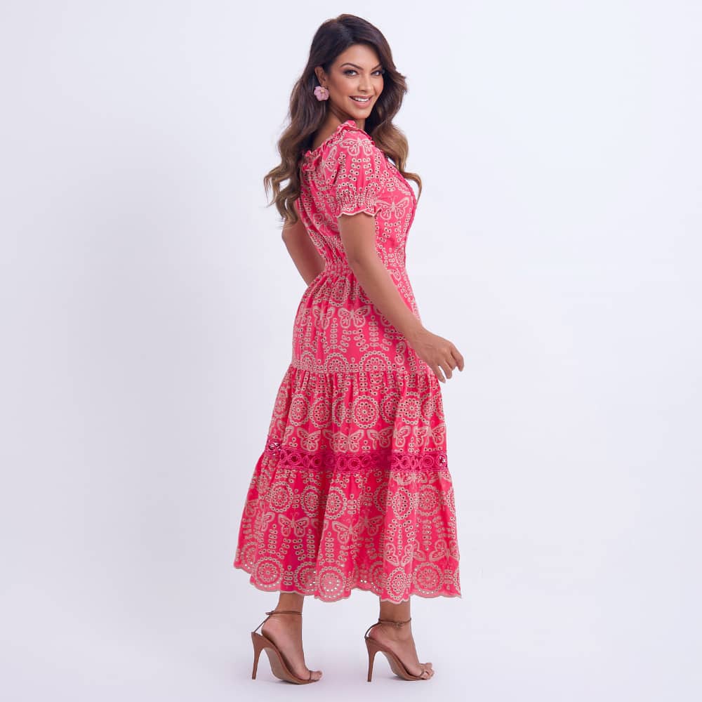 Vestido Feminino Midi Bordado Rosa Gisele - FL07
