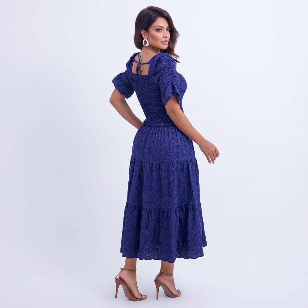 Vestido Feminino Bordado Midi Azul-Marinho Fátima - FL20