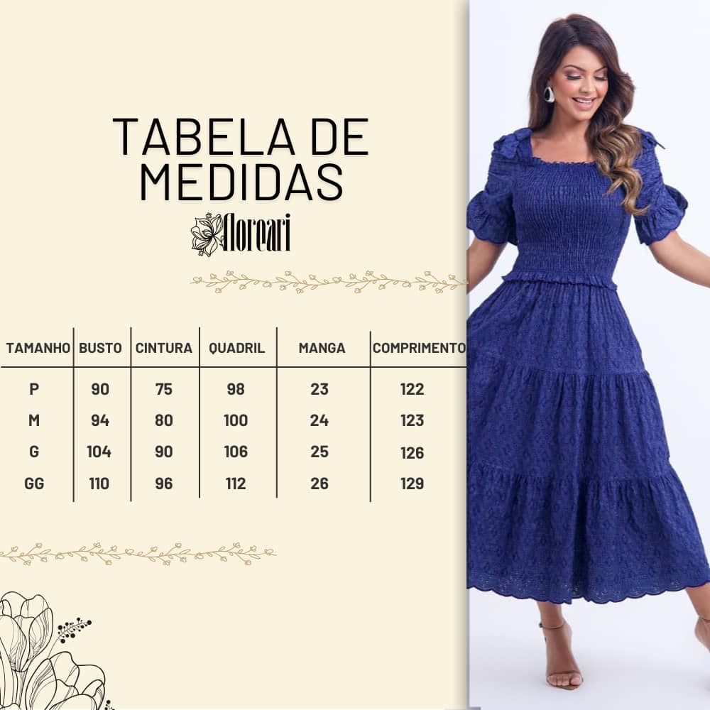 Vestido Feminino Bordado Midi Azul-Marinho Fátima - FL20